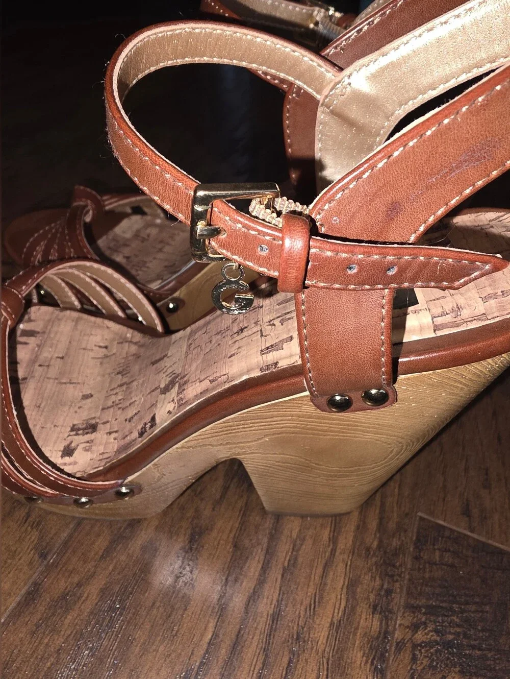 G by Guess Brown Strappy Cork-Style Wedge Sandals